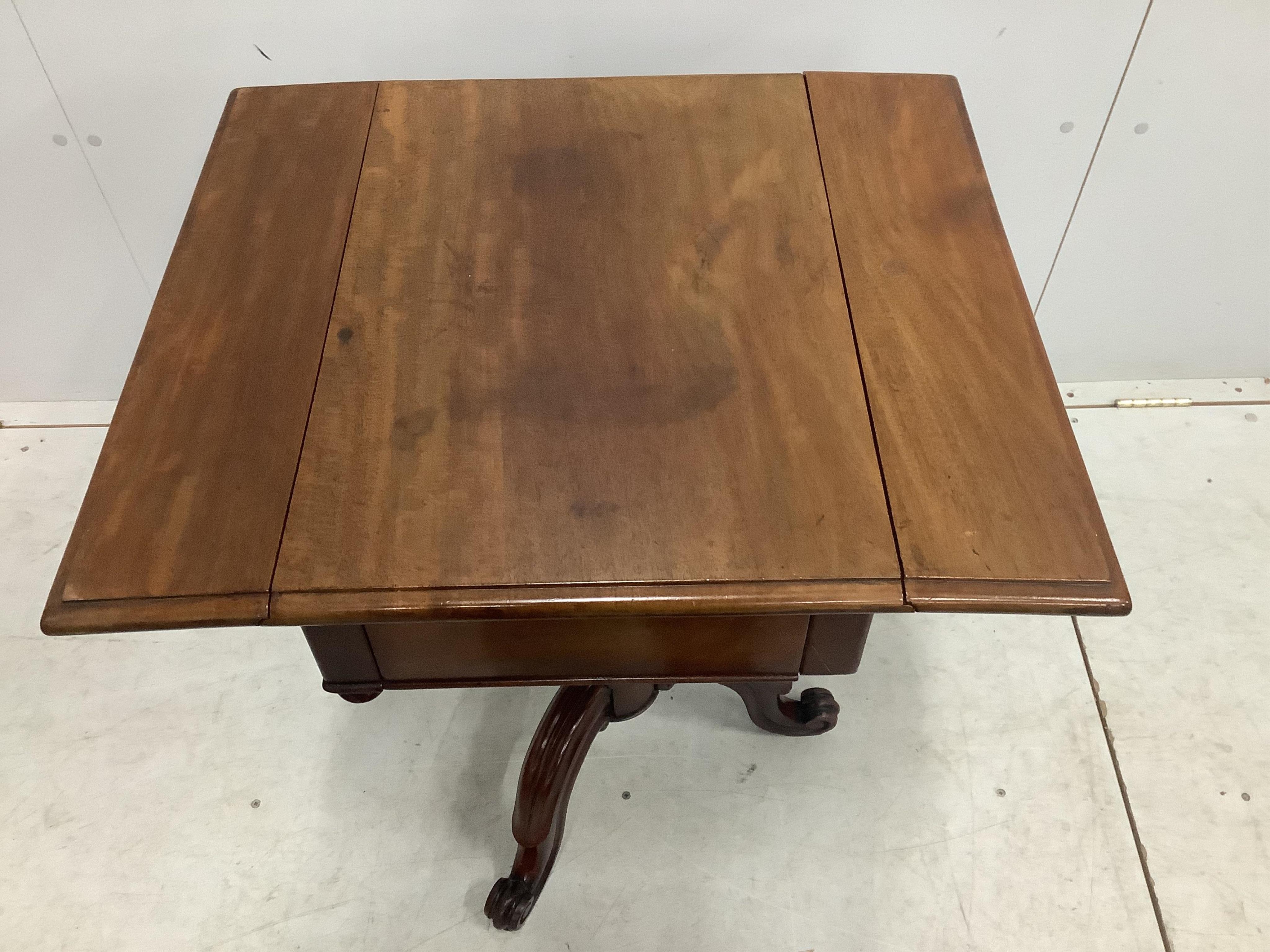 A Victorian mahogany drop flap side table, width 63cm, extended, depth 53cm, height 73cm. Condition - fair to good